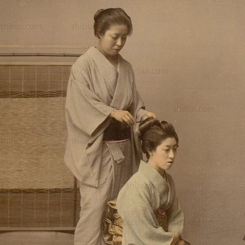 Japanese Antique Hand Tinted Albumen Photo of Hair Dressing