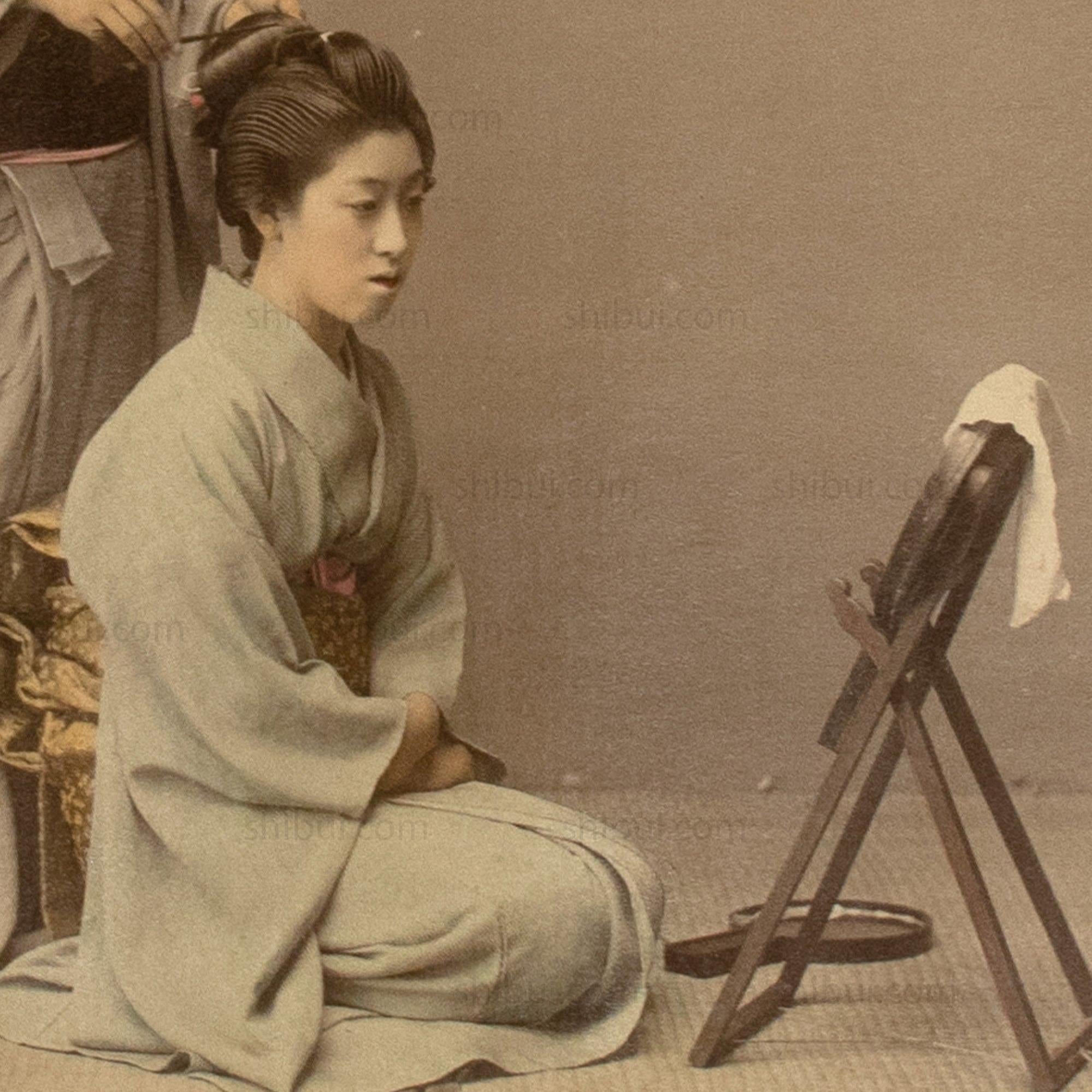 Japanese Antique Hand Tinted Albumen Photo of Hair Dressing