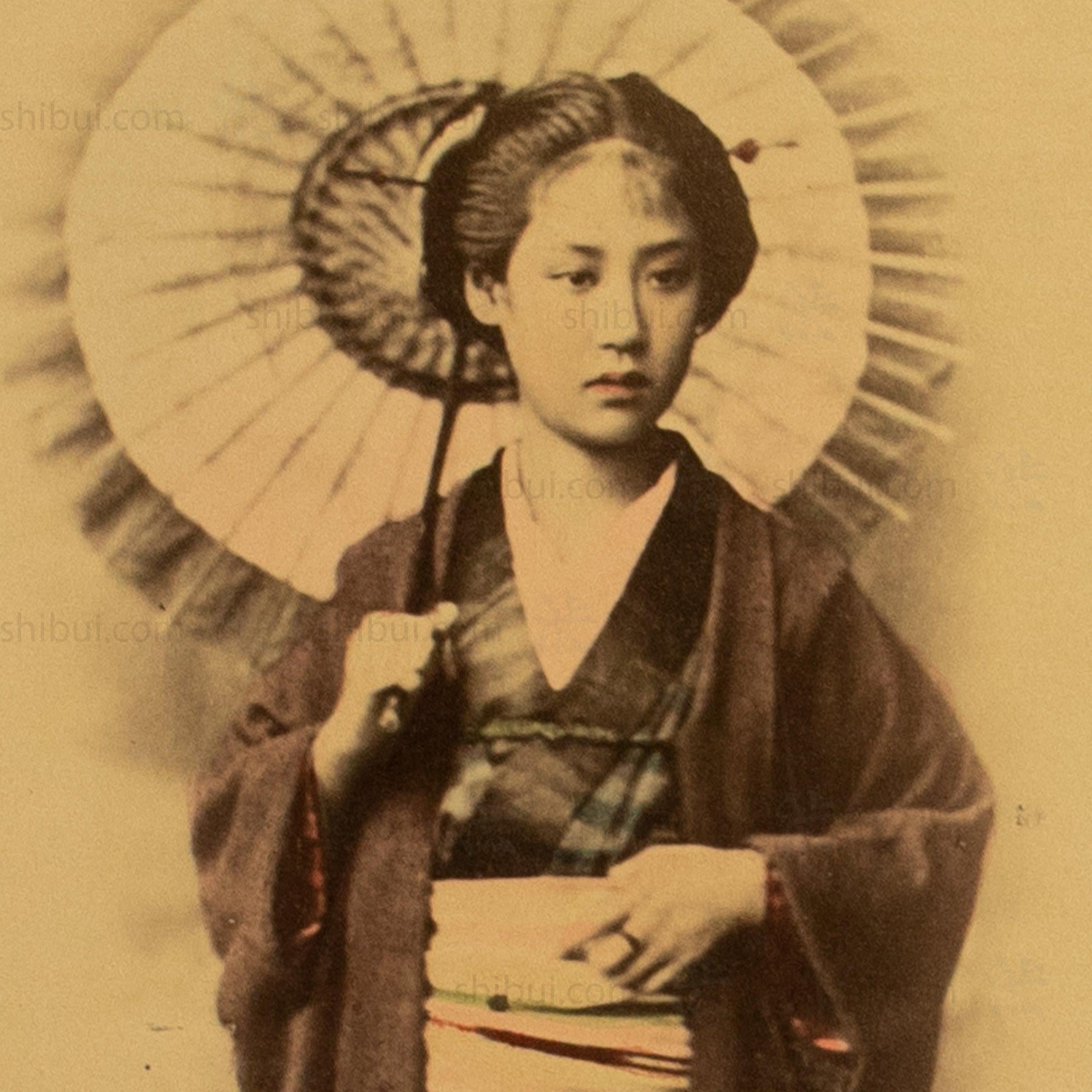 Antique Hand Tinted Albumen Japanese Photography | Woman with Parasol