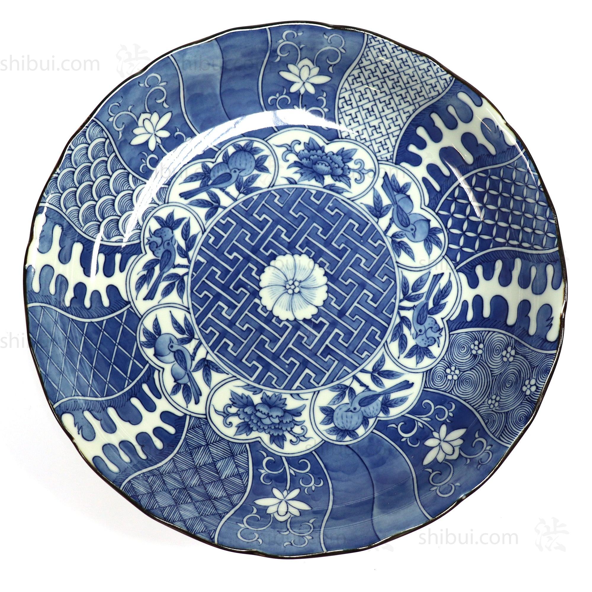 Japanese Antique Ceramic Serving Plate | Blue and White | Hand Painted with Flowers and Birds | Japanese Decor