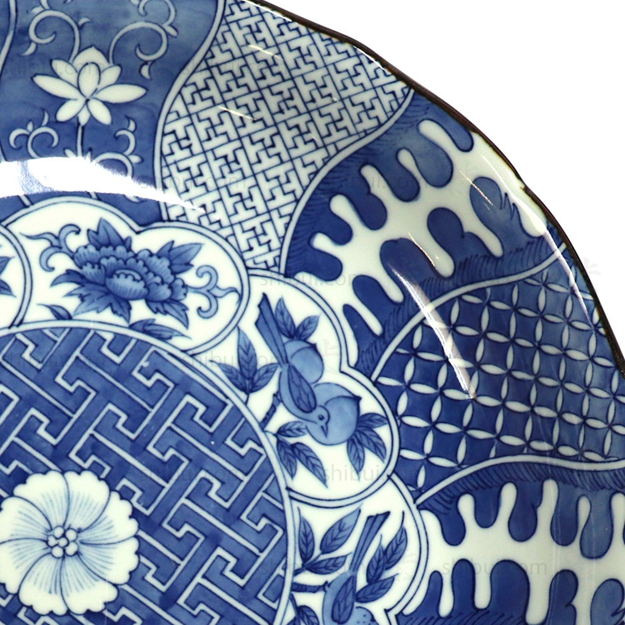 Japanese Antique Ceramic Serving Plate | Blue and White | Hand Painted with Flowers and Birds | Japanese Decor