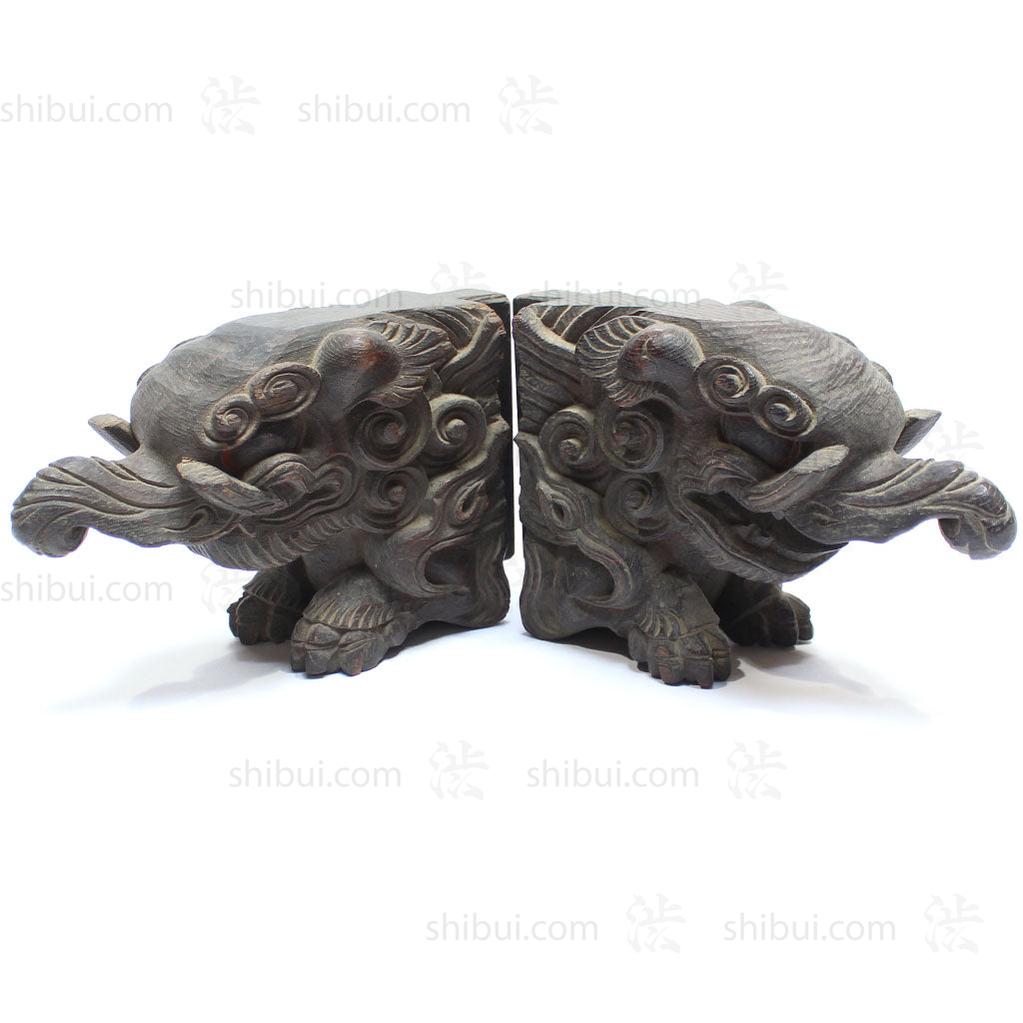 Small Pair of Japanese Antique Hand Carved Hardwood Baku Carvings