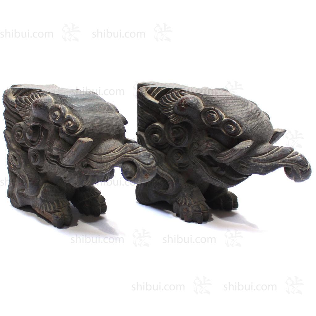 Small Pair of Japanese Antique Hand Carved Hardwood Baku Carvings