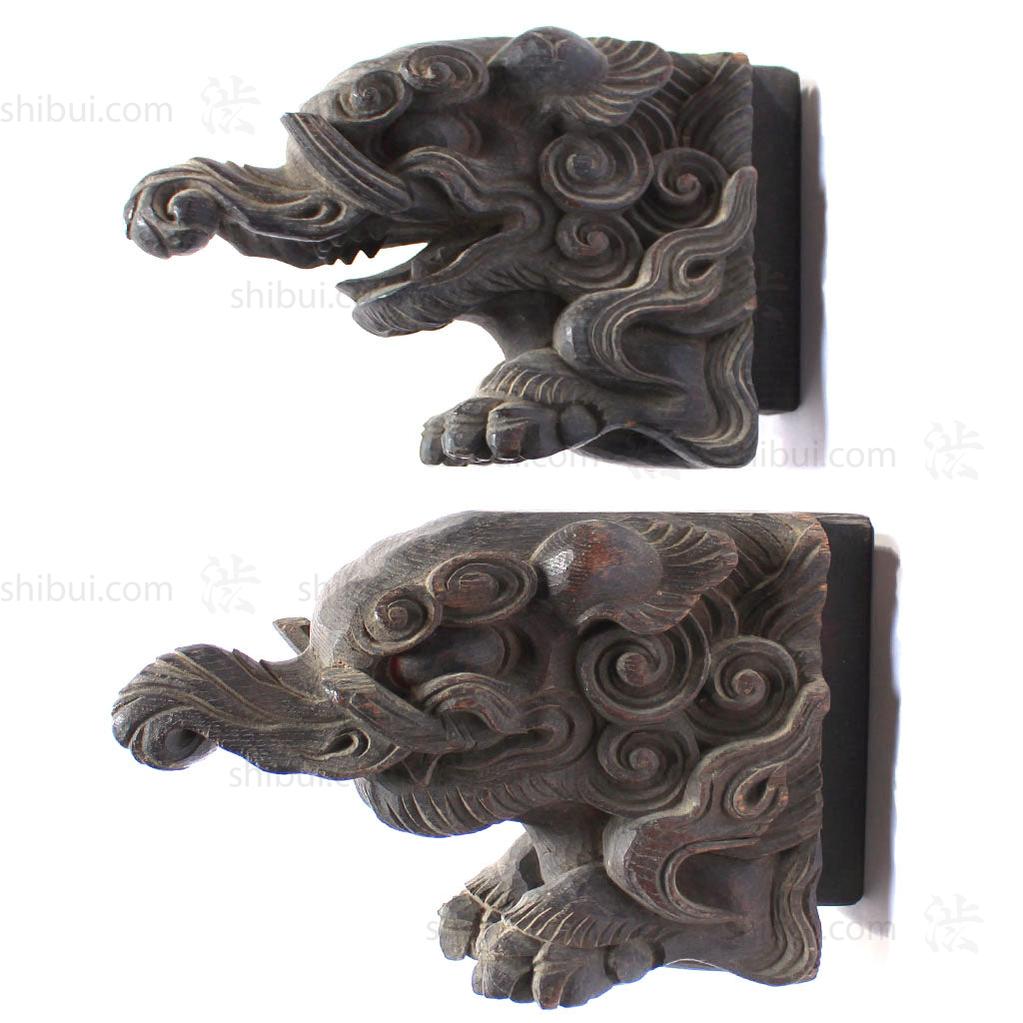 Small Pair of Japanese Antique Hand Carved Hardwood Baku Carvings