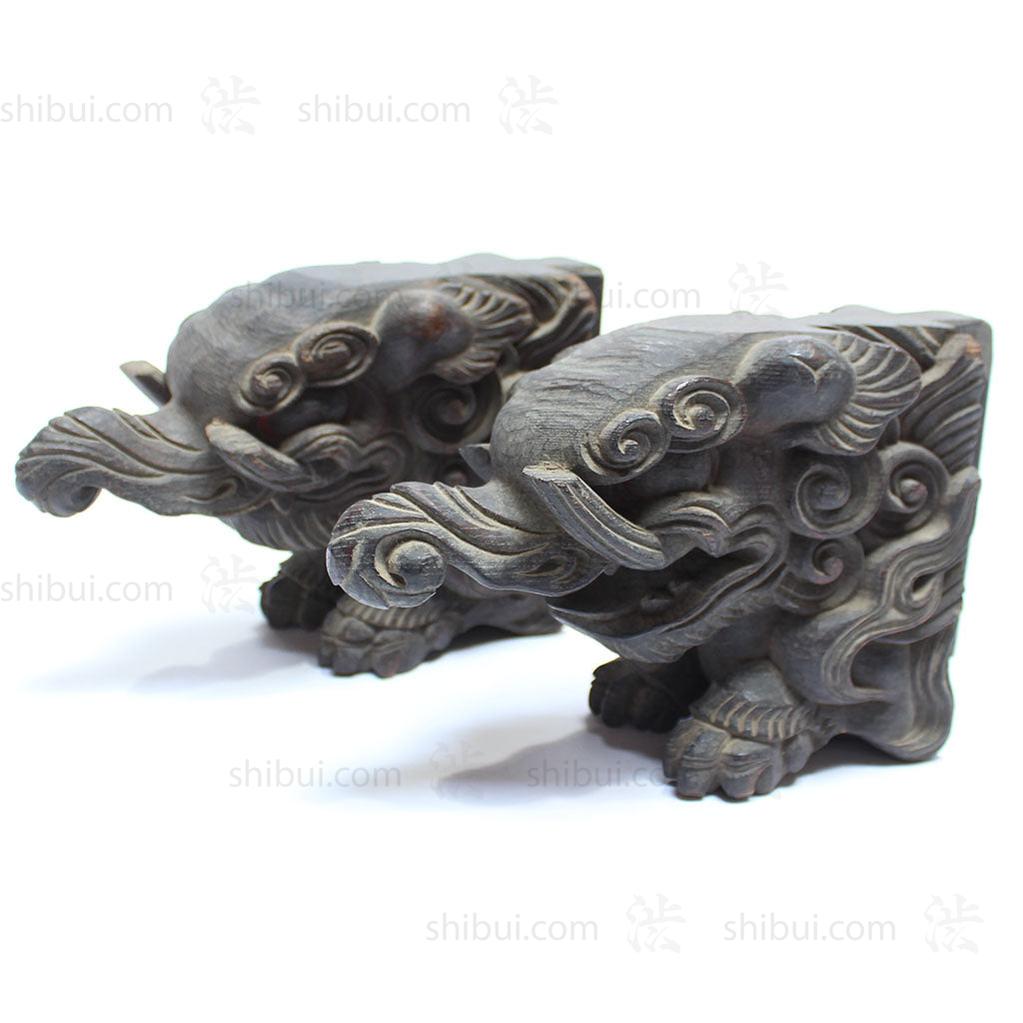 Small Pair of Japanese Antique Hand Carved Hardwood Baku Carvings