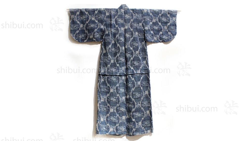 Back View | Japanese Antique (Late 19th Century) Children's Kasuri Kimono | Child's Robe | Daikoku Motif | Hand-Sewn Indigo Resist Dyed Linen | Japanese Ikat