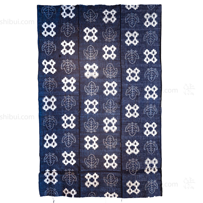 Japanese Antique (Early Taisho Era) Indigo Kasuri  Fabric | Indigo Resist Dyed Fabric | Geometric and Kiri (paulownia) Pattern