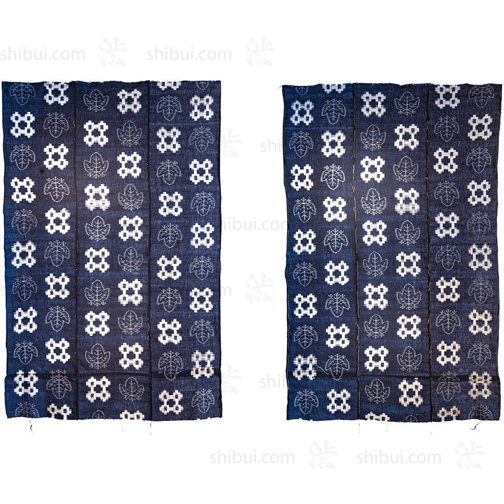Japanese Antique (Early Taisho Era) Indigo Kasuri  Fabric | Indigo Resist Dyed Fabric | Geometric and Kiri (paulownia) Pattern