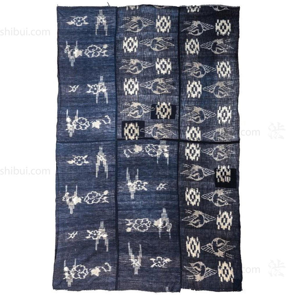 Japanese Antique  Kasuri Indigo Futon Cover | 3 Panel Bed Cover, Duvet | Indigo, Resist Dye Cotton | Crane, Floral Motif