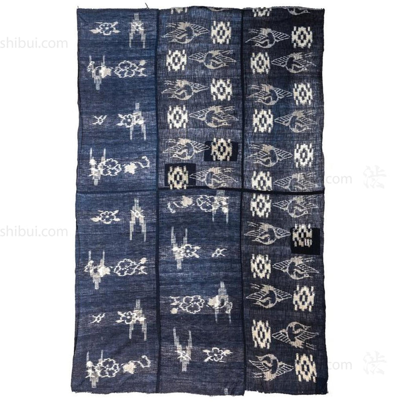 Japanese Antique  Kasuri Indigo Futon Cover | 3 Panel Bed Cover, Duvet | Indigo, Resist Dye Cotton | Crane, Floral Motif