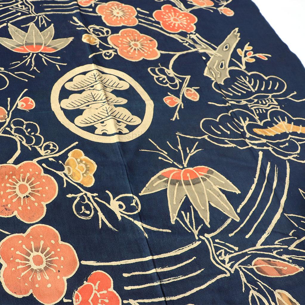 Never Used Tsutsugaki Furoshiki with Lucky Symbols and Mon from Okinawa.