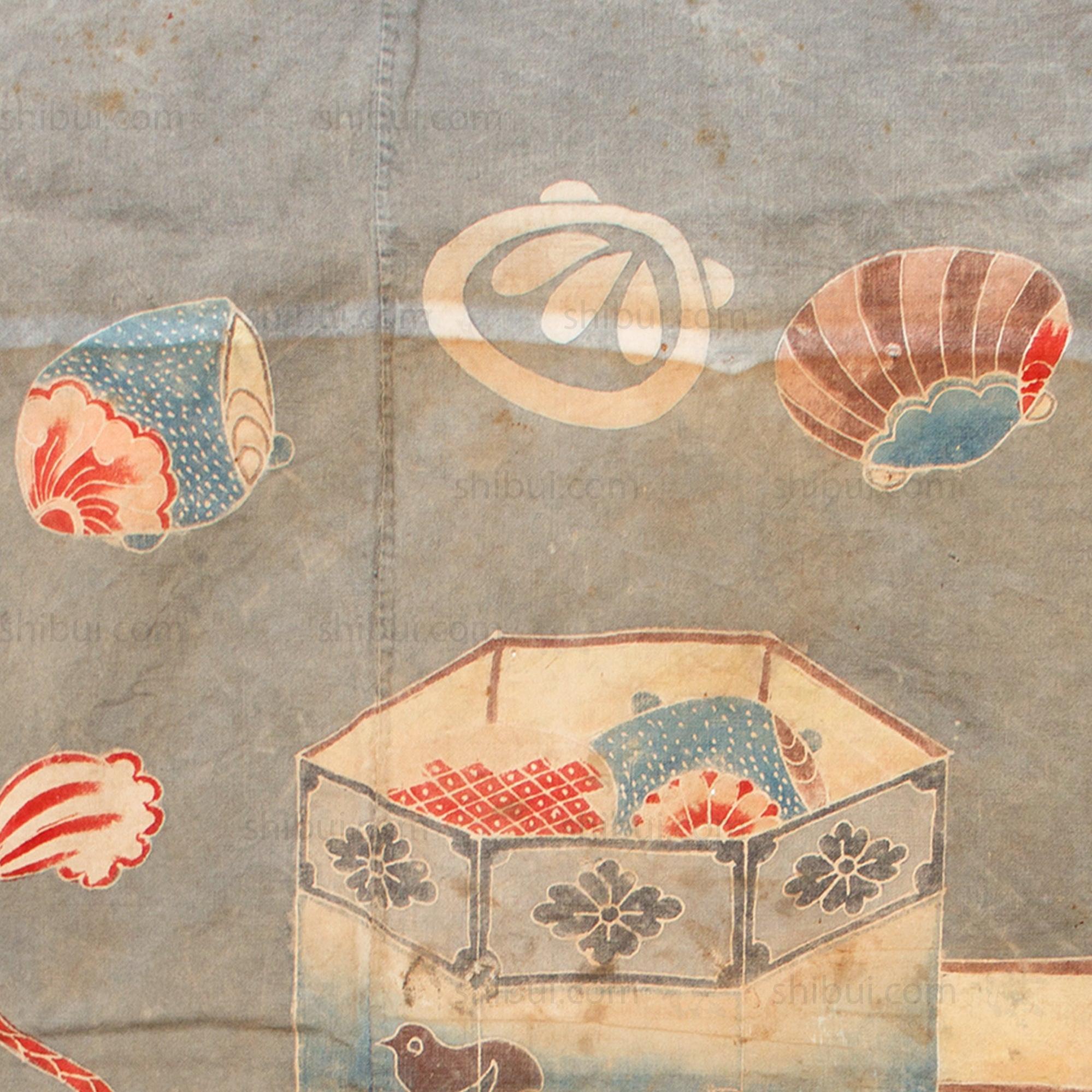 Japanese Kai-Awase Indigo Tsutsugaki Furoshiki