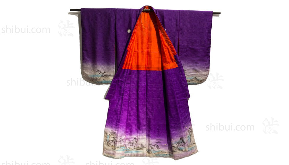 purple kimono opened up, exposing red lining Child's Kimono Japanese Antique