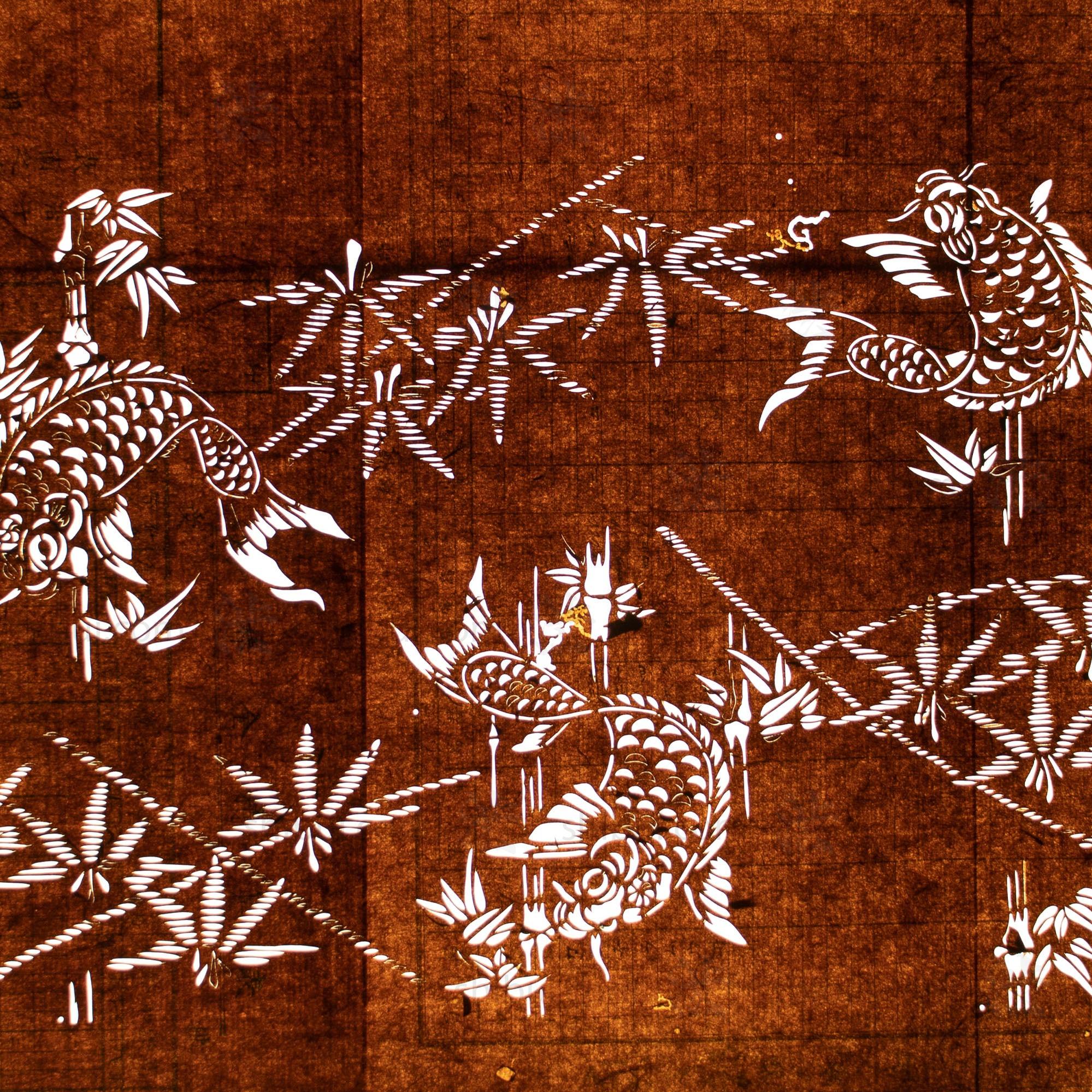 Katagami - Koi and Bamboo- Japanese Lacquered Paper Stencil