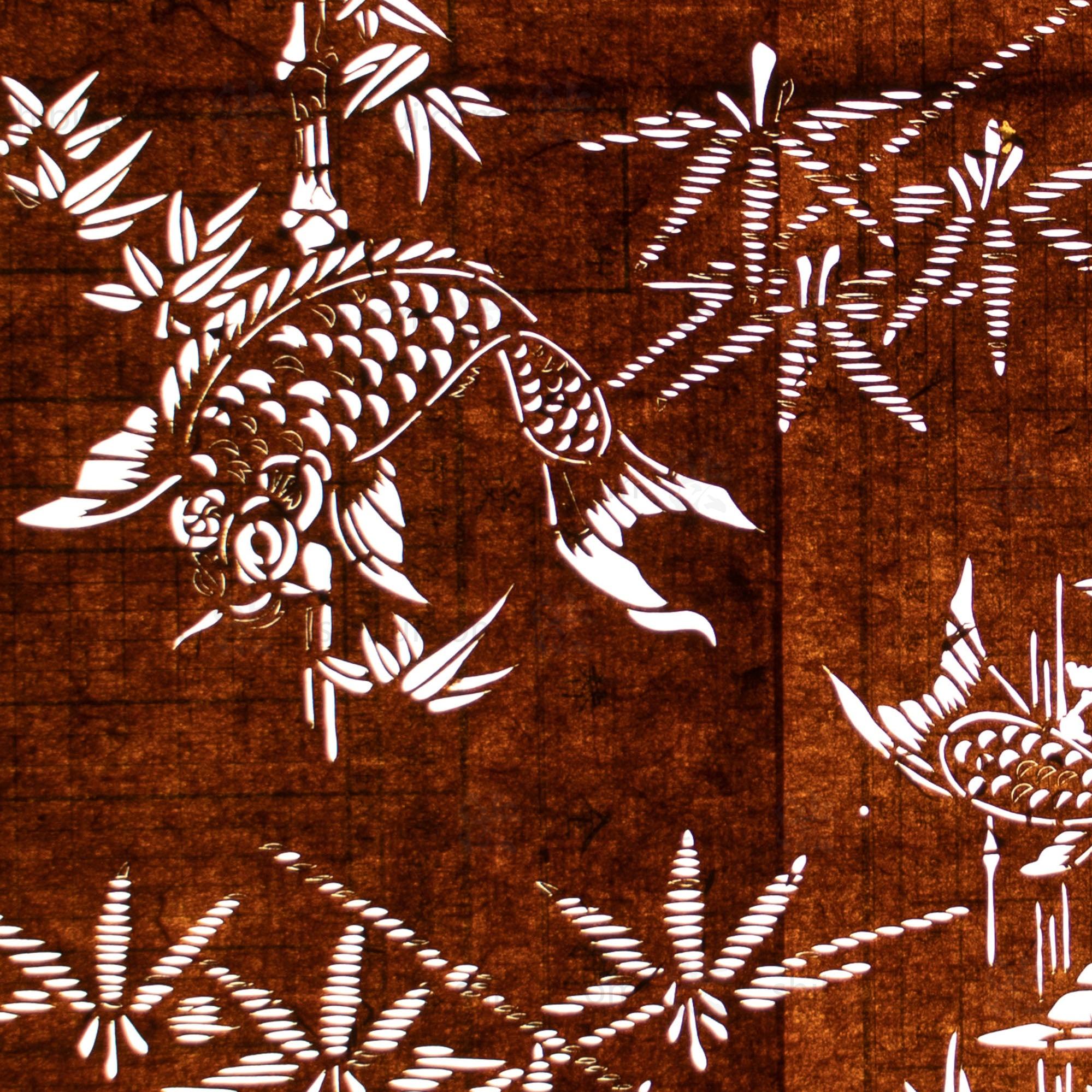 Katagami - Koi and Bamboo- Japanese Lacquered Paper Stencil