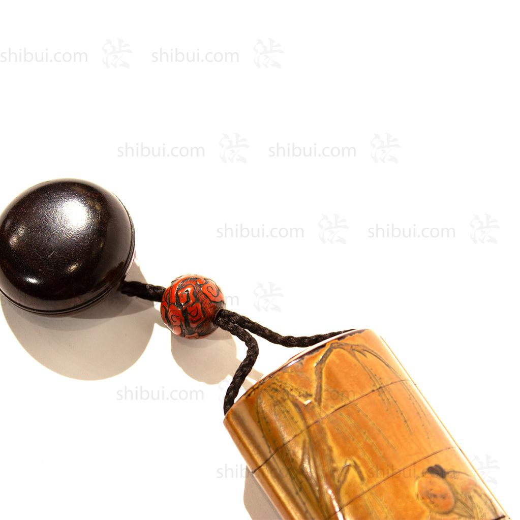 Lacquered Dragon Ojime Inro with Man and Willow - Manju Netsuke