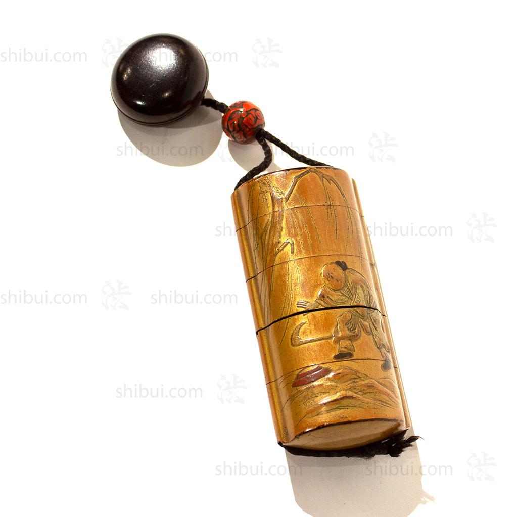 Lacquered Dragon Ojime Inro with Man and Willow - Manju Netsuke