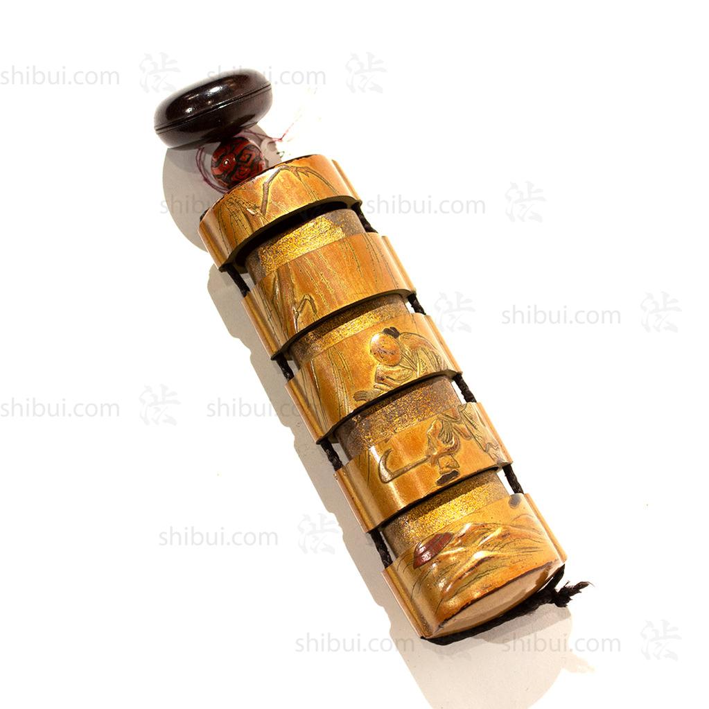 Lacquered Dragon Ojime Inro with Man and Willow - Manju Netsuke