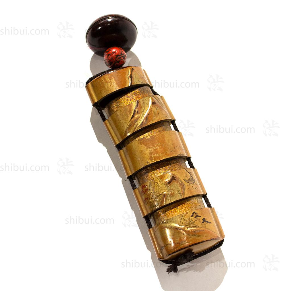 Lacquered Dragon Ojime Inro with Man and Willow - Manju Netsuke