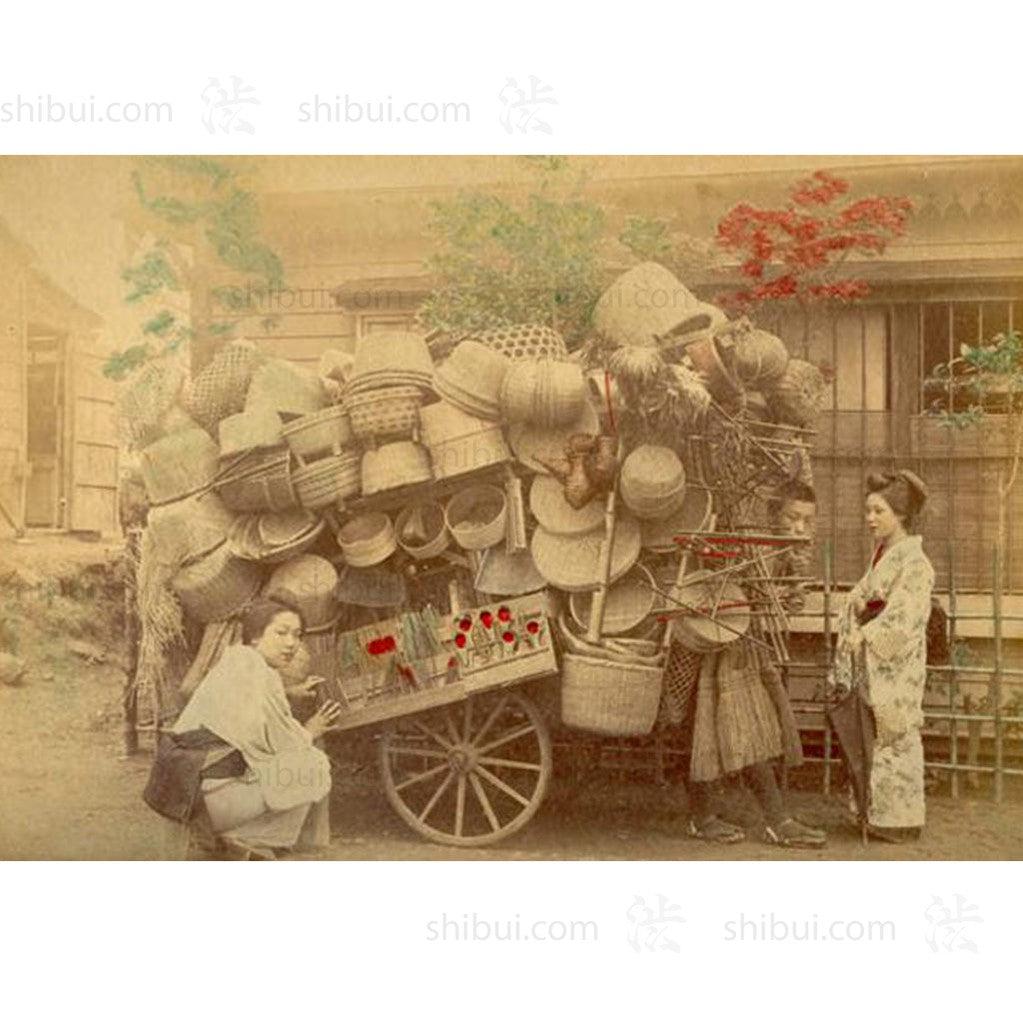Hand-tinted Meiji Era Photograph | Basket Merchant | Japanese Antique Photography | Albumen Photography | Japanese Decor