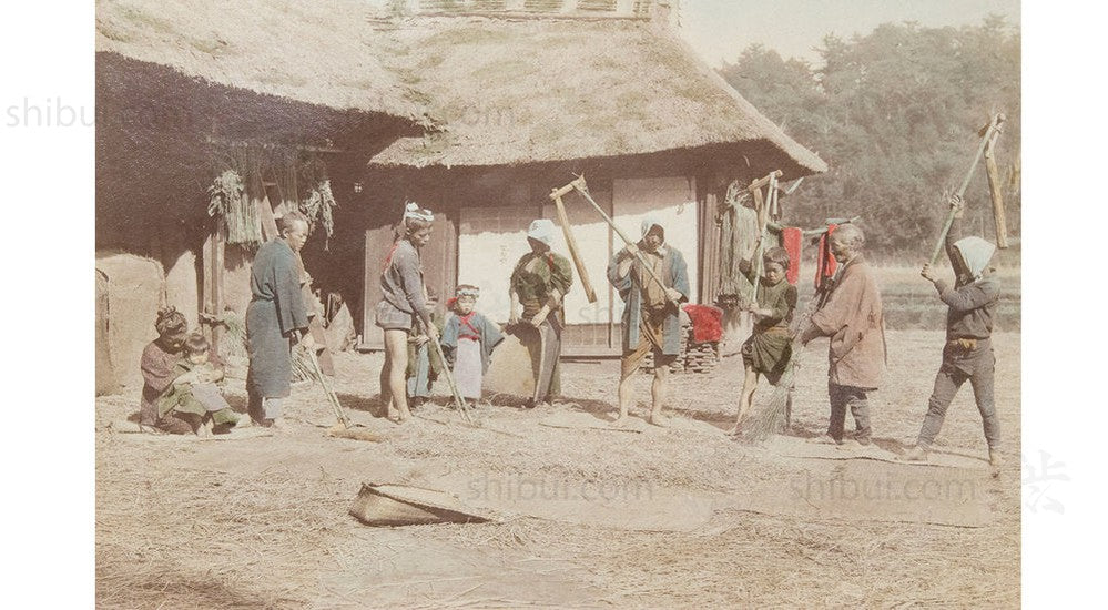 Hand-tinted Meiji Era Photograph | Rice Threshers | Japanese Antique Photography | Albumen Photography | Japanese Decor
