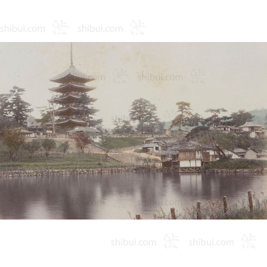 Framed Hand-tinted Meiji Era Photograph | Nara Pagoda | Japanese Antique Photography | Albumen Photography | Japanese Decor