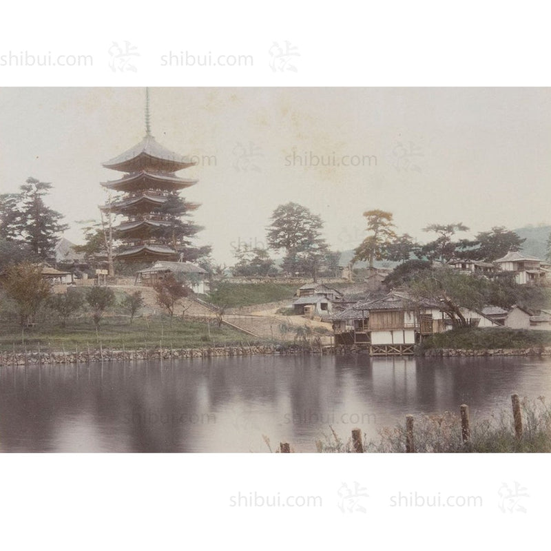 Framed Hand-tinted Meiji Era Photograph | Nara Pagoda | Japanese Antique Photography | Albumen Photography | Japanese Decor