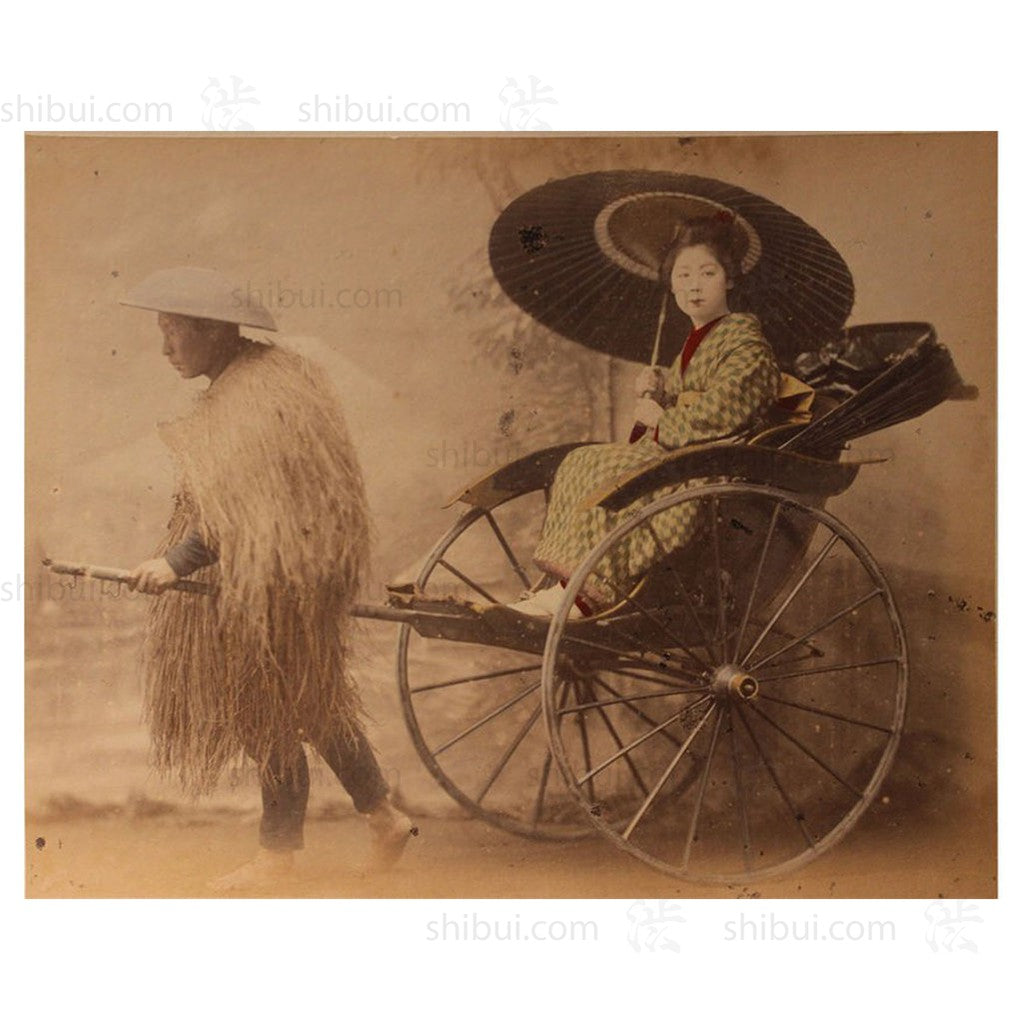 Hand-tinted Meiji Era Photograph | Woman Riding in rickshaw with Parasol | Japanese Antique Photography | Albumen Photography | Japanese Decor