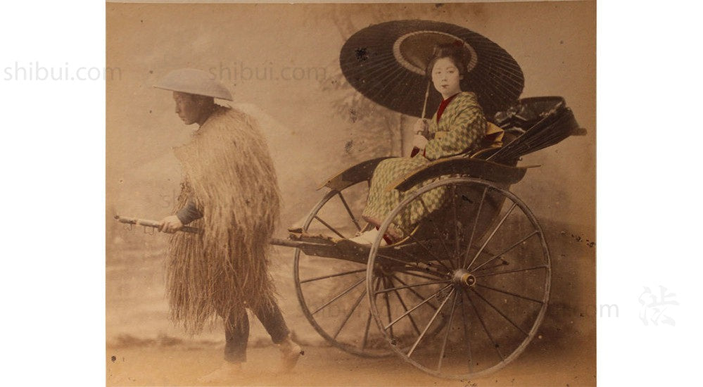 Hand-tinted Meiji Era Photograph | Woman Riding in rickshaw with Parasol | Japanese Antique Photography | Albumen Photography | Japanese Decor