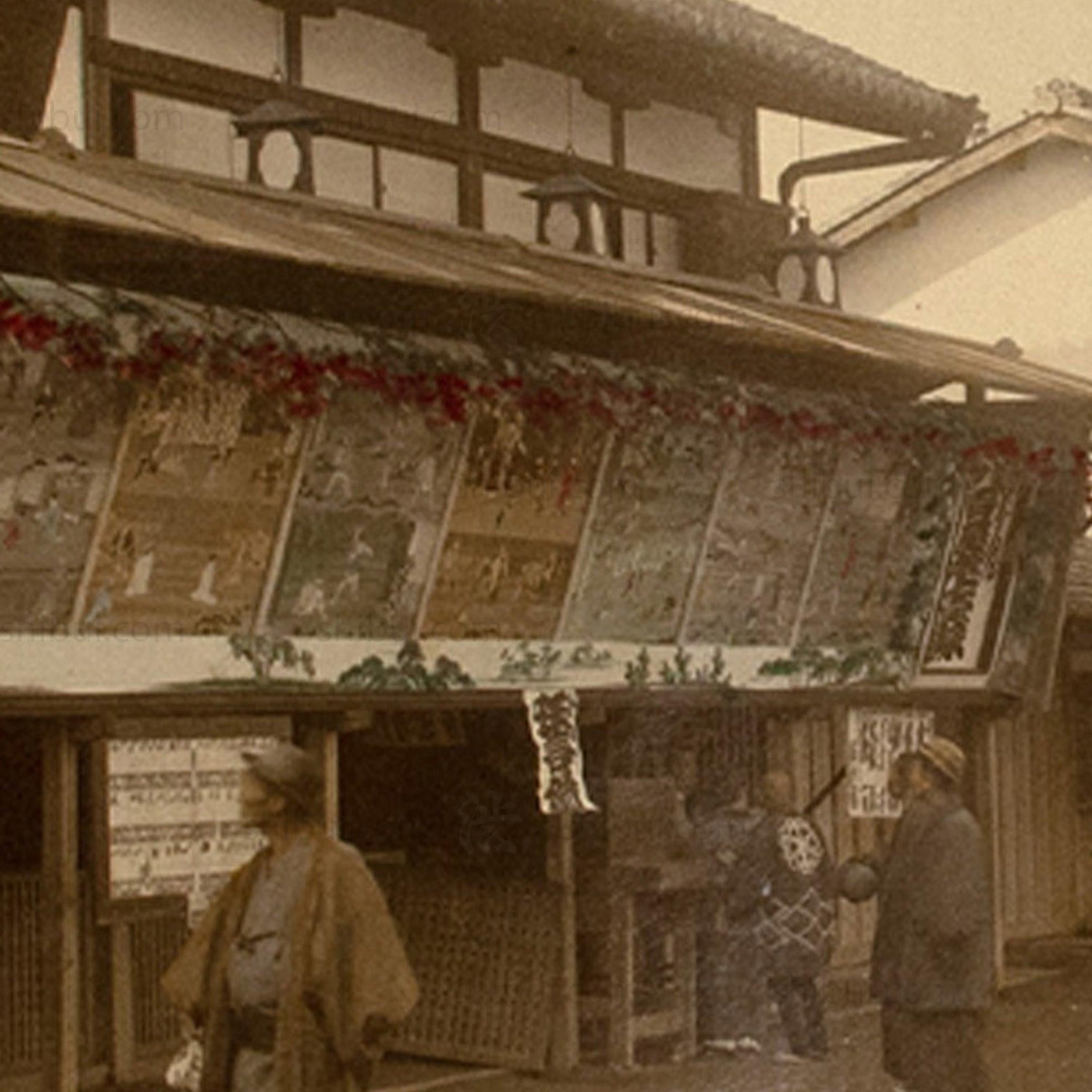 Japanese Antique Hand Tinted Albumen Photo of a Kabuki Theater Exterior