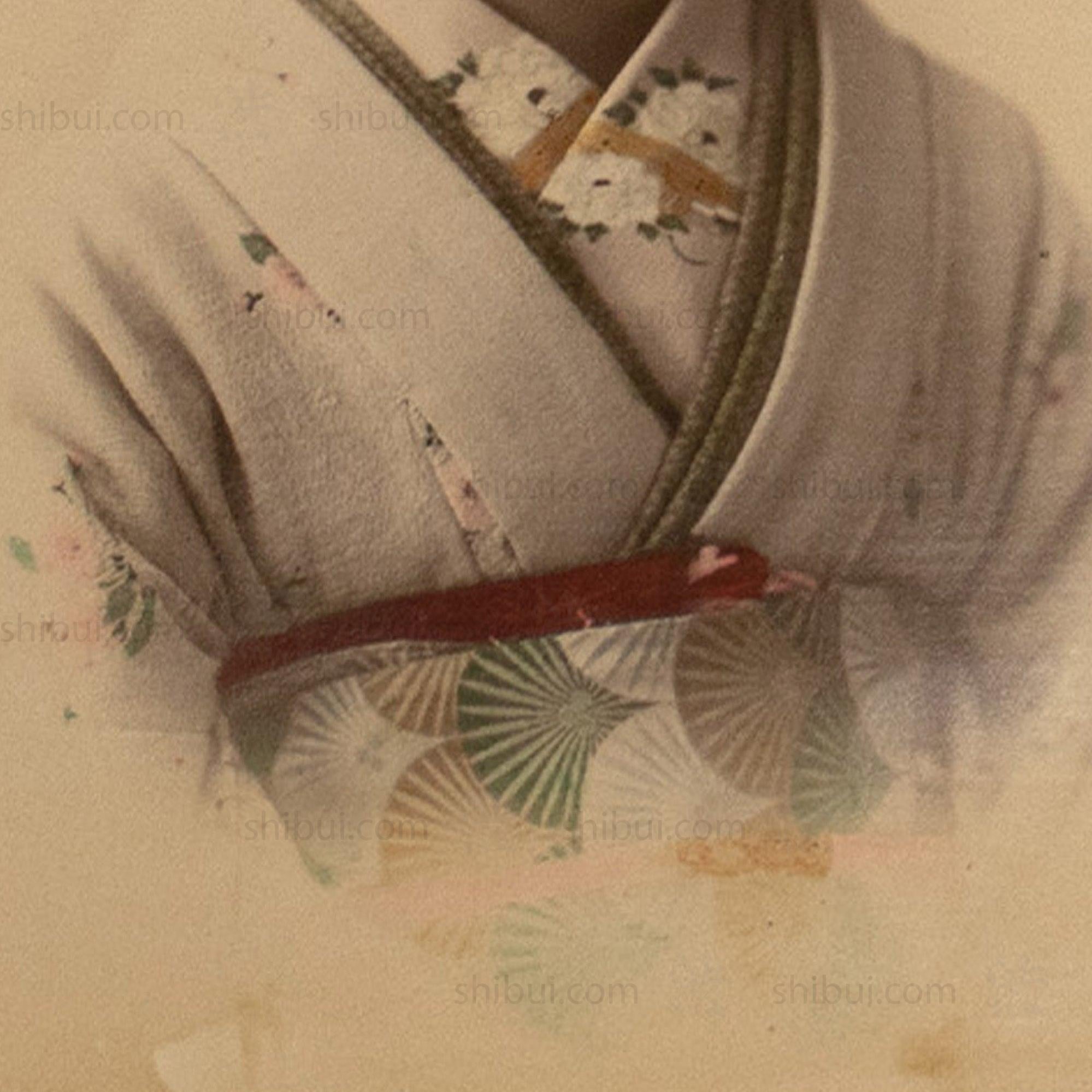 Hand Tinted Albumen Portrait of a Young Woman in Chirimen Kimono
