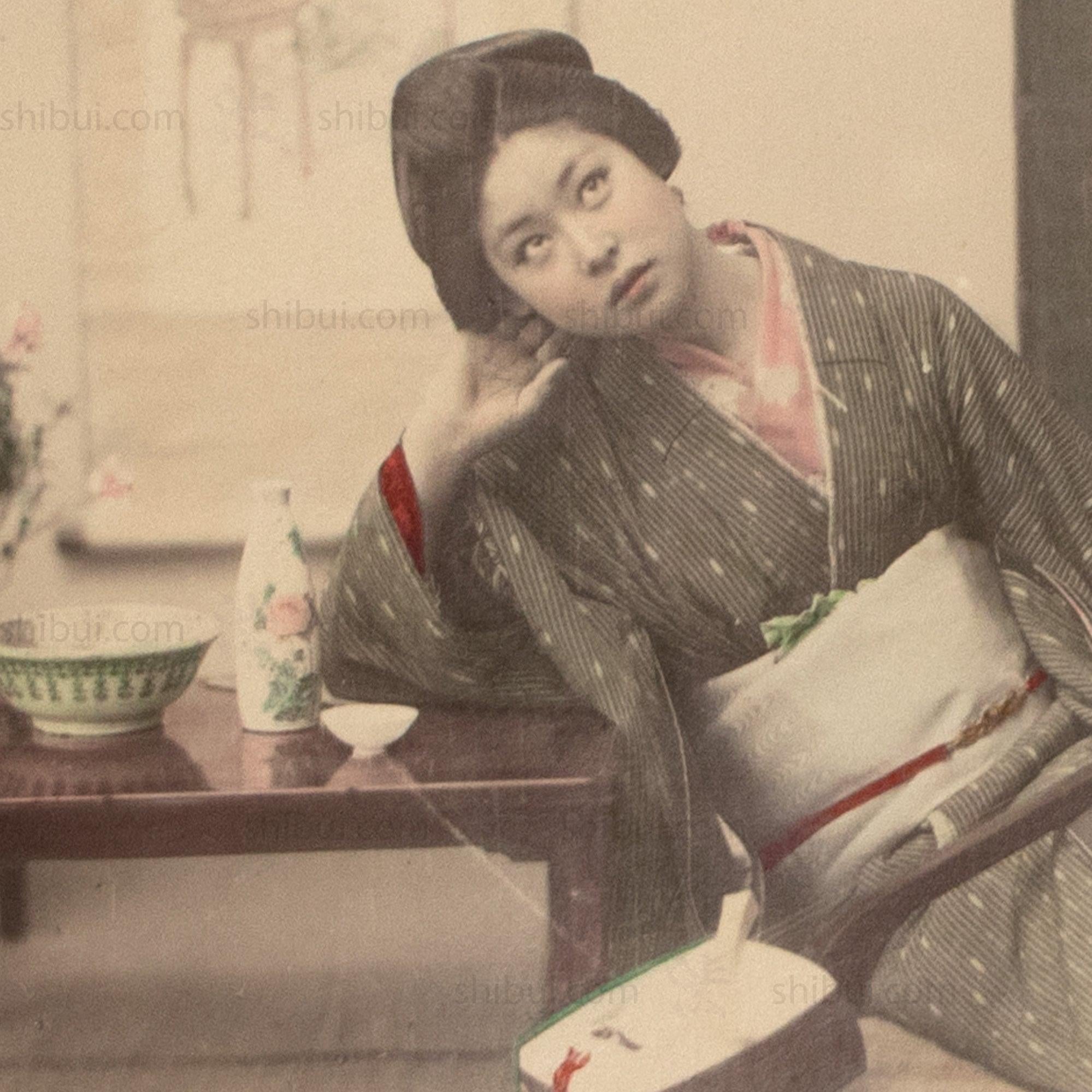 Female Musician | Hand Tinted Japanese Albumen Photograph