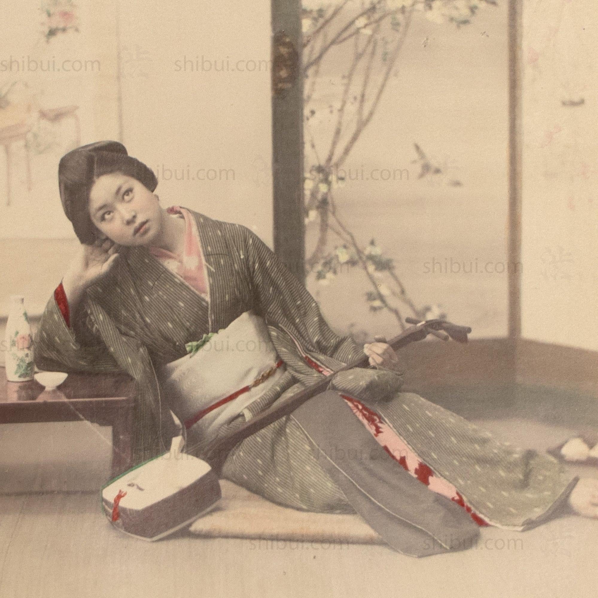 Female Musician | Hand Tinted Japanese Albumen Photograph