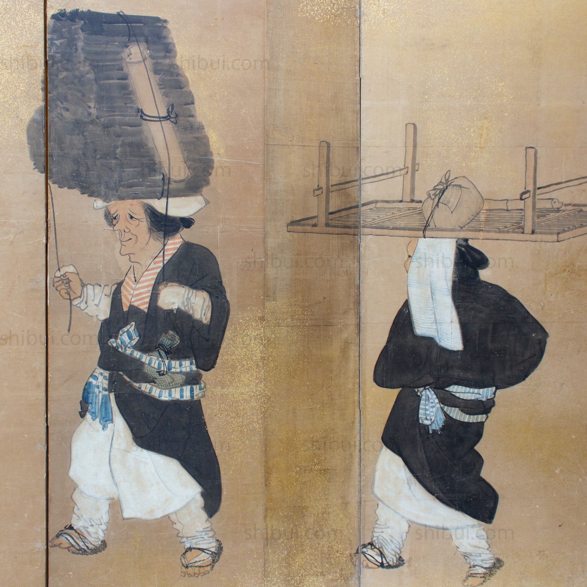 Japanese Antique Free-Standing Folding Screen Oharame Women Byobu