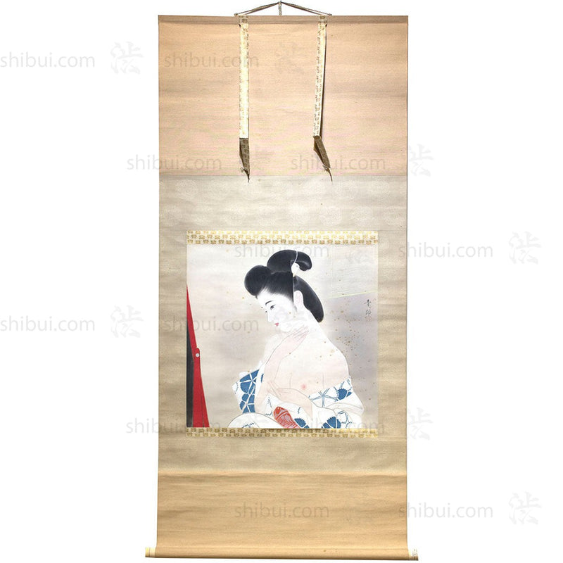 rectangular scroll with painted image of woman Japanese Antique Scroll Portrait of Woman
