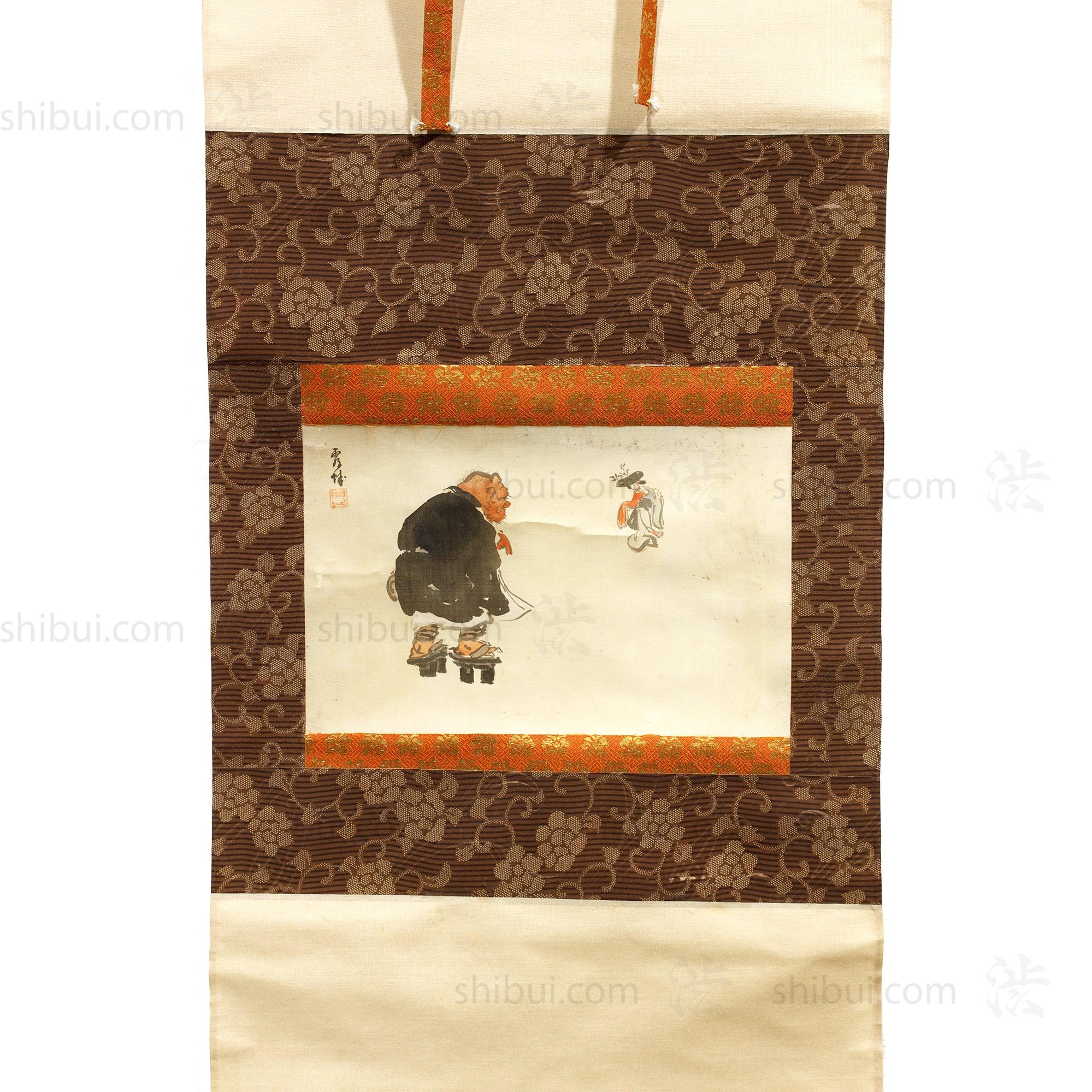 Oni and Maiden  Otsu-e Style - Vintage Japanese Scroll