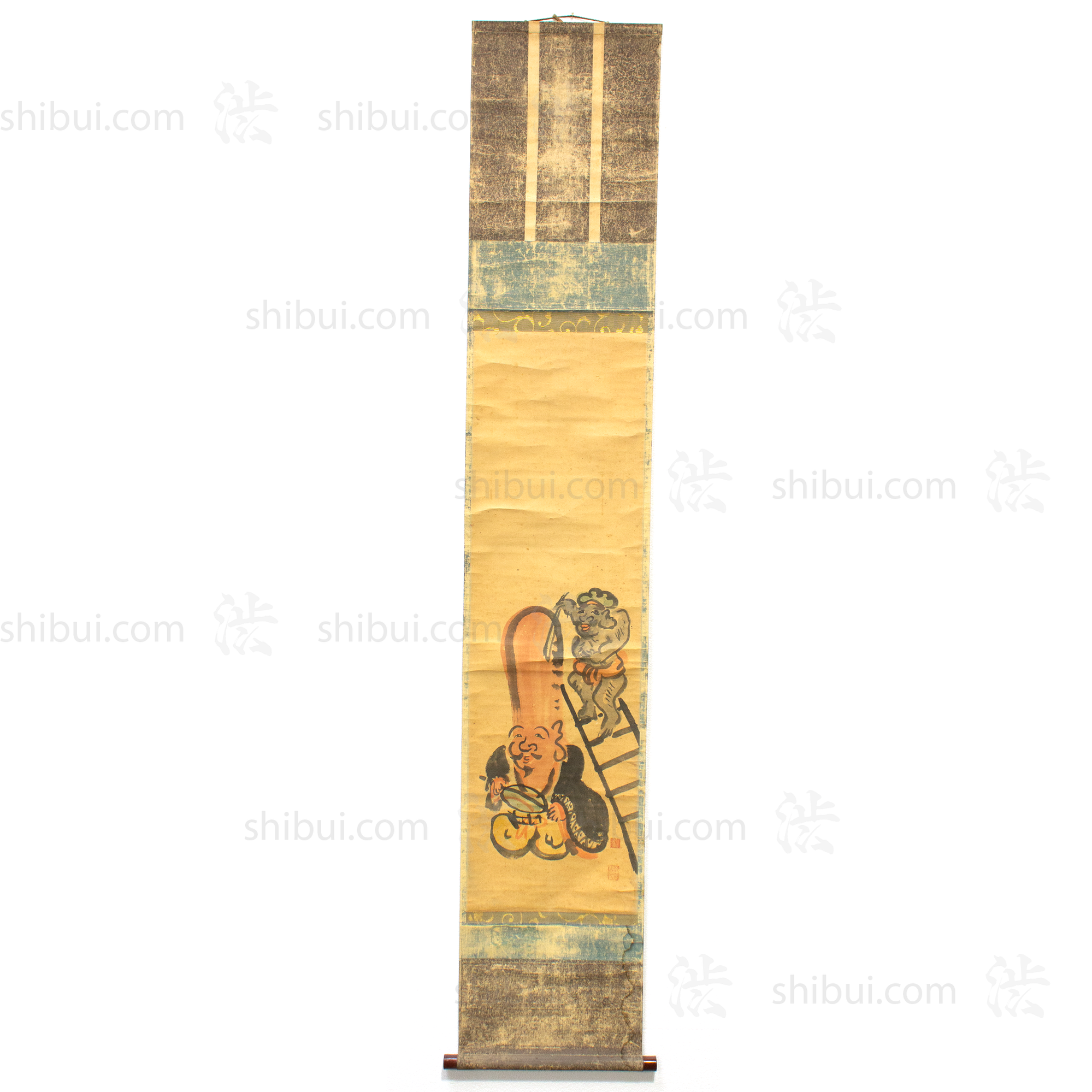 Otsu-e Daikoku Shaving Fukurokuju - Antique Japanese Scroll