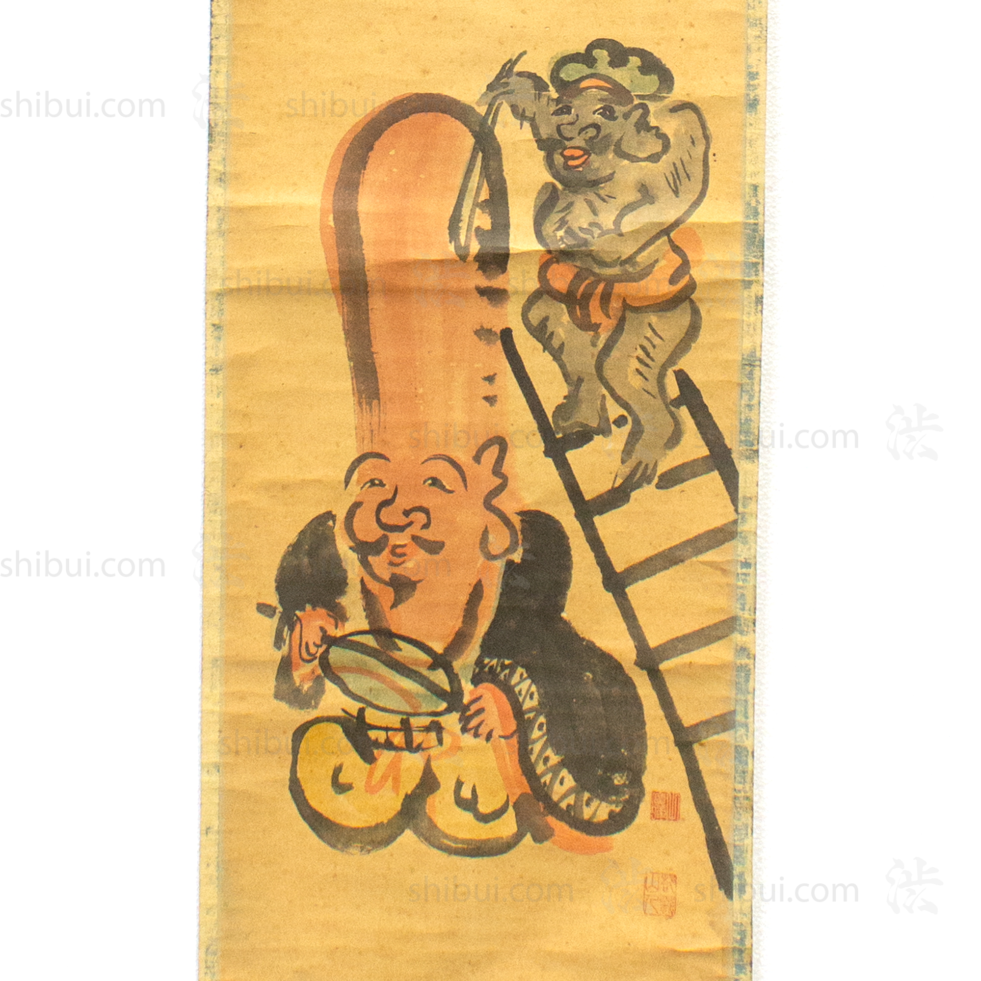 Otsu-e Daikoku Shaving Fukurokuju - Antique Japanese Scroll