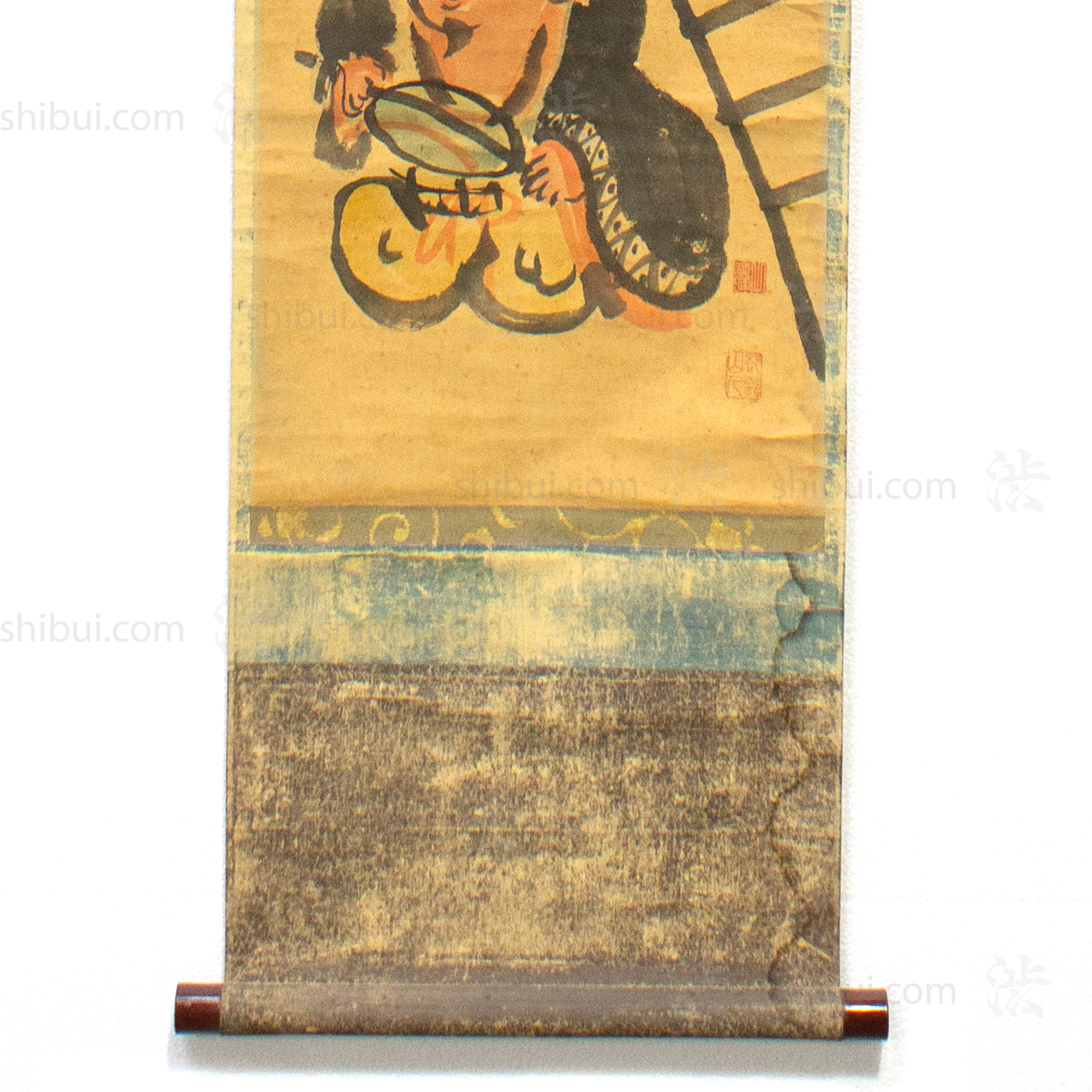 Otsu-e Daikoku Shaving Fukurokuju - Antique Japanese Scroll