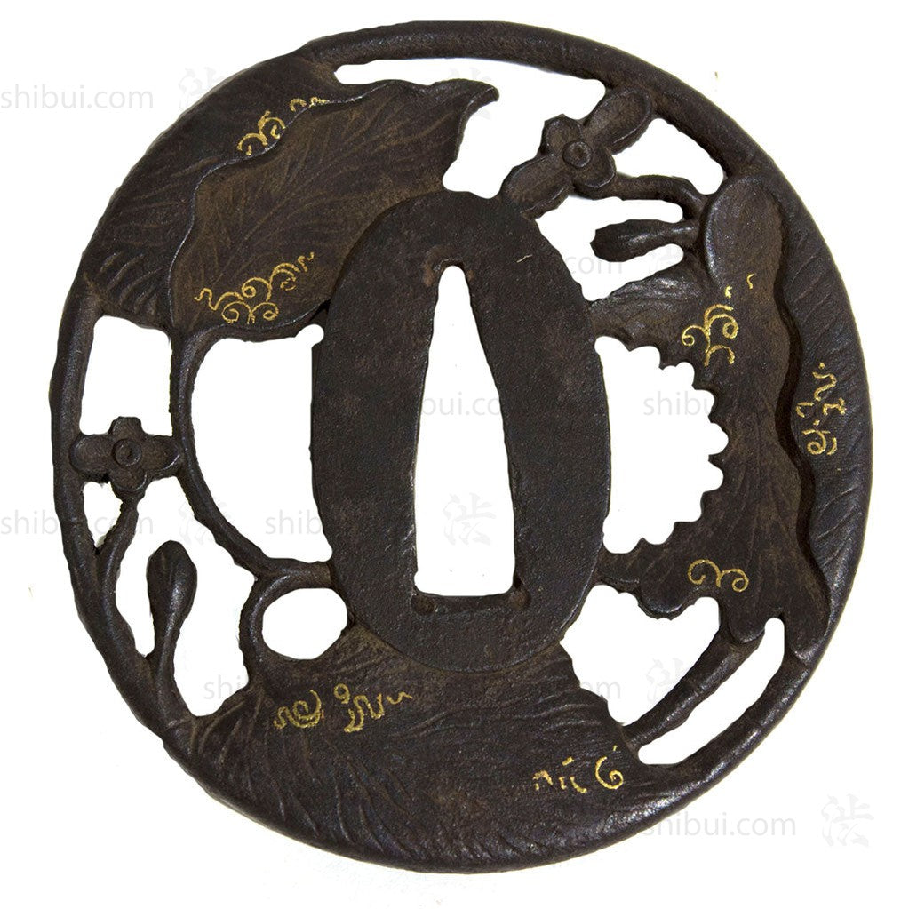 Tsuba Sword Guard with Leaf Motif Higo Zougan Inlay