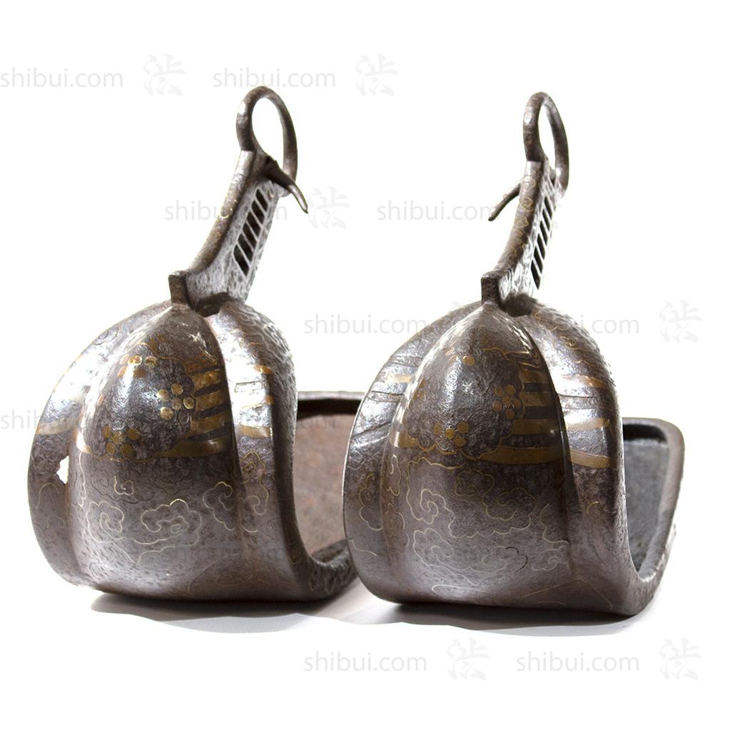Japanese Antiques Abumi Pair of Stirrups with a Crab Motif