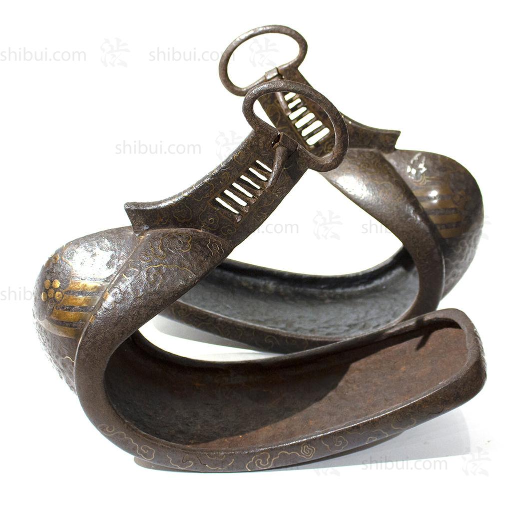 Japanese Antiques Abumi Pair of Stirrups with a Crab Motif