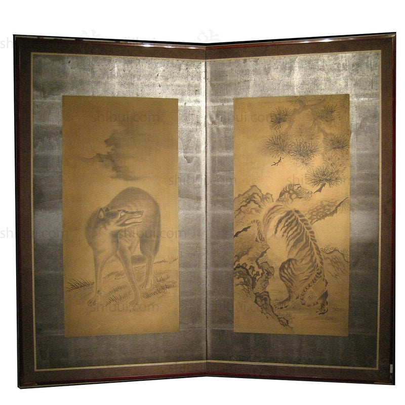 Japanese Antique Screen Panel Painting Wolf and Tiger Byobu