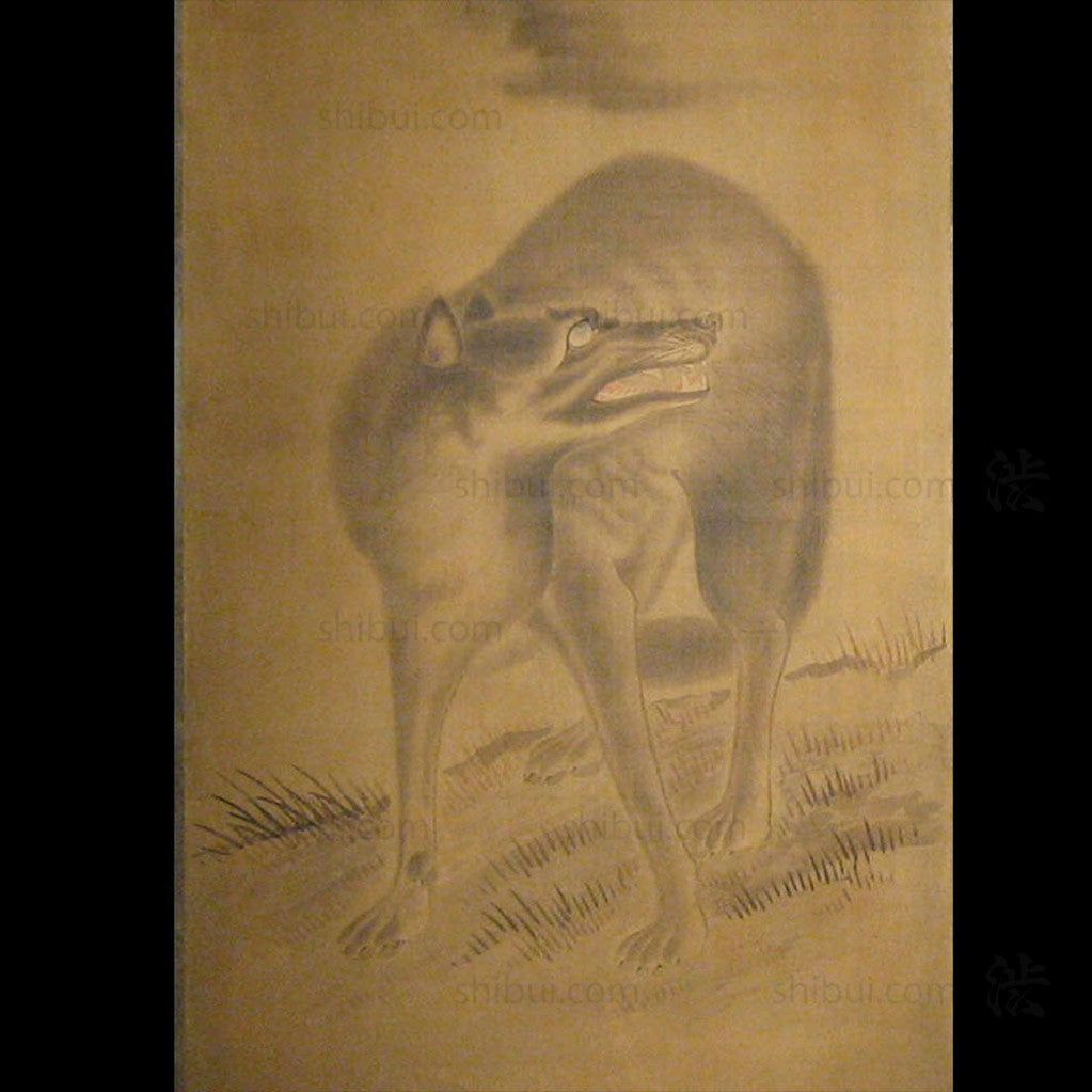 Japanese Antique Screen Panel Painting Wolf and Tiger Byobu