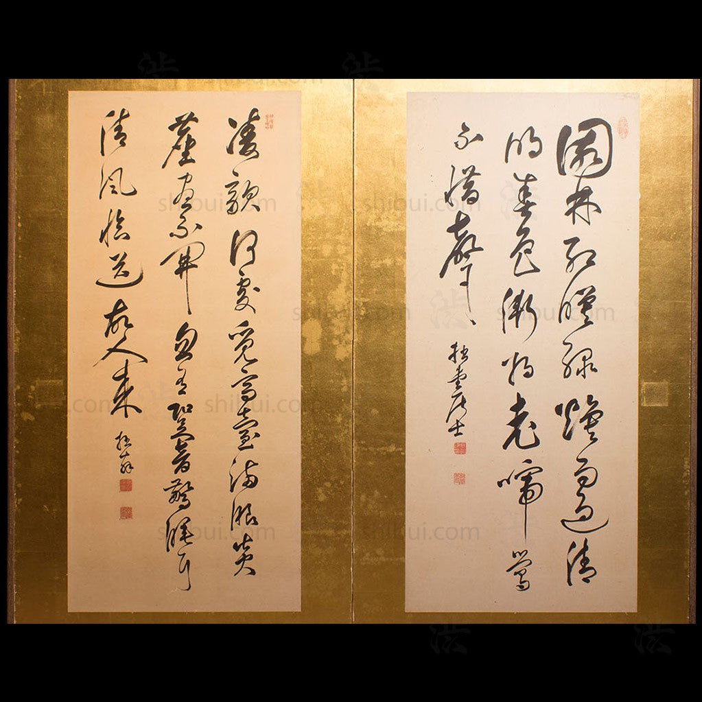 Pair of Japanese Antique Screens - Byobu with Calligraphy