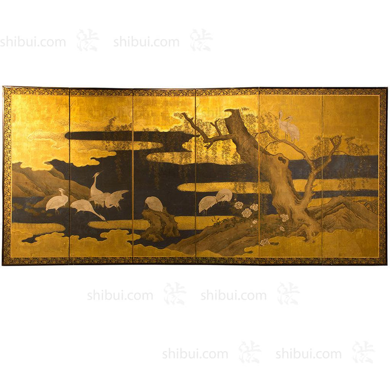 six panel gold leaf screen heron in water