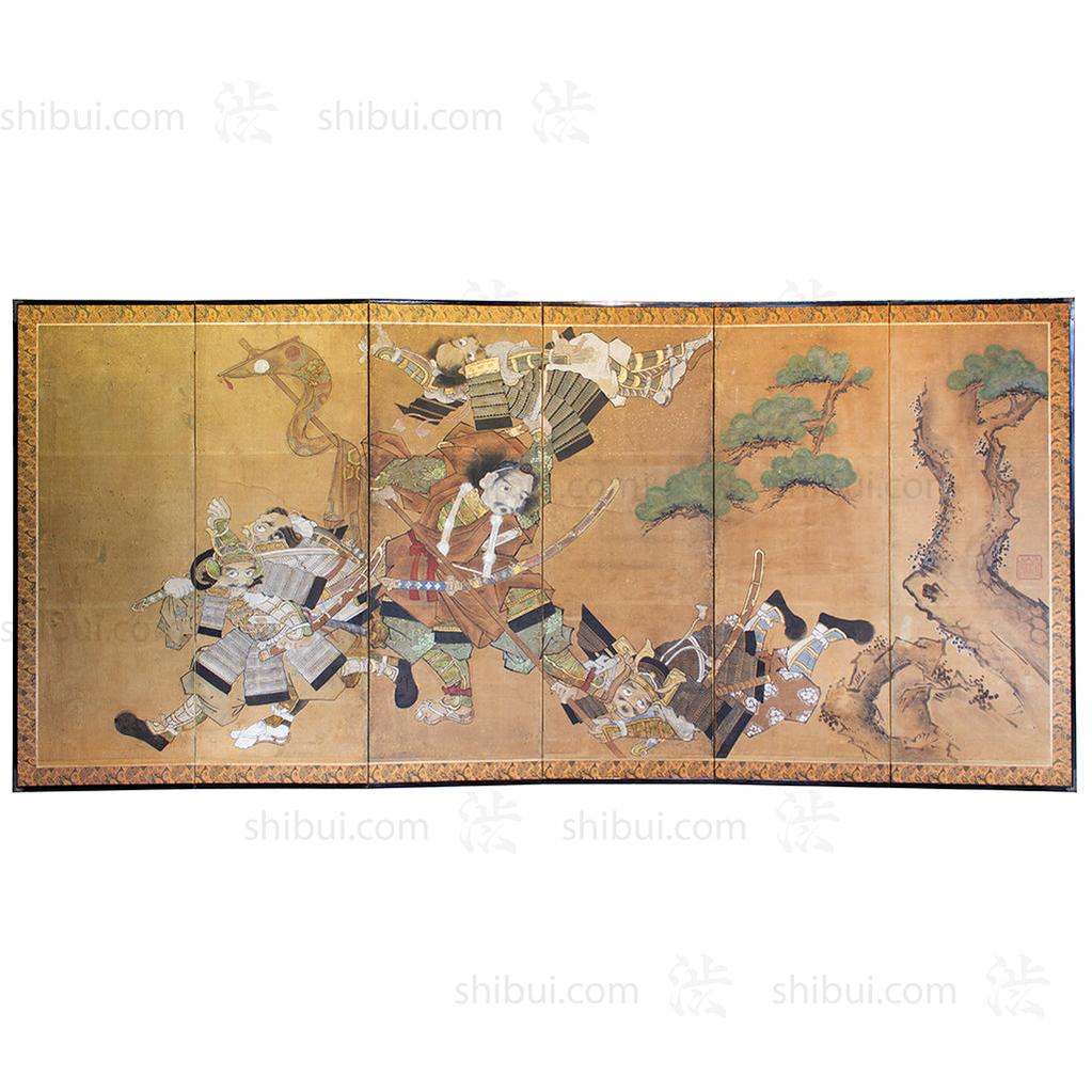 Japanese Antique Screen 6 Panel Byobu Samurai