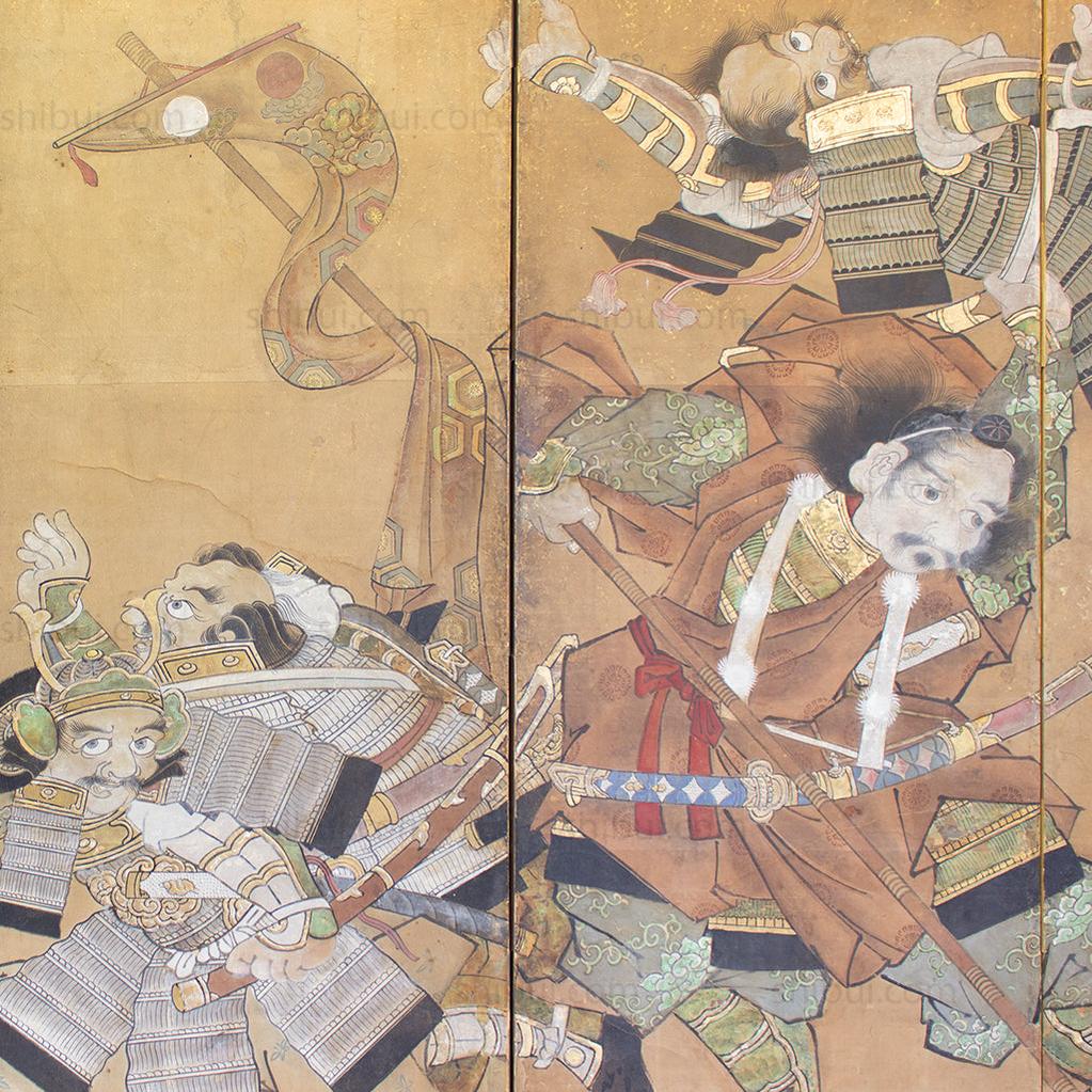 Japanese Antique Screen 6 Panel Byobu Samurai