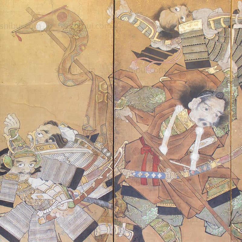 Japanese Antique Screen 6 Panel Byobu Samurai