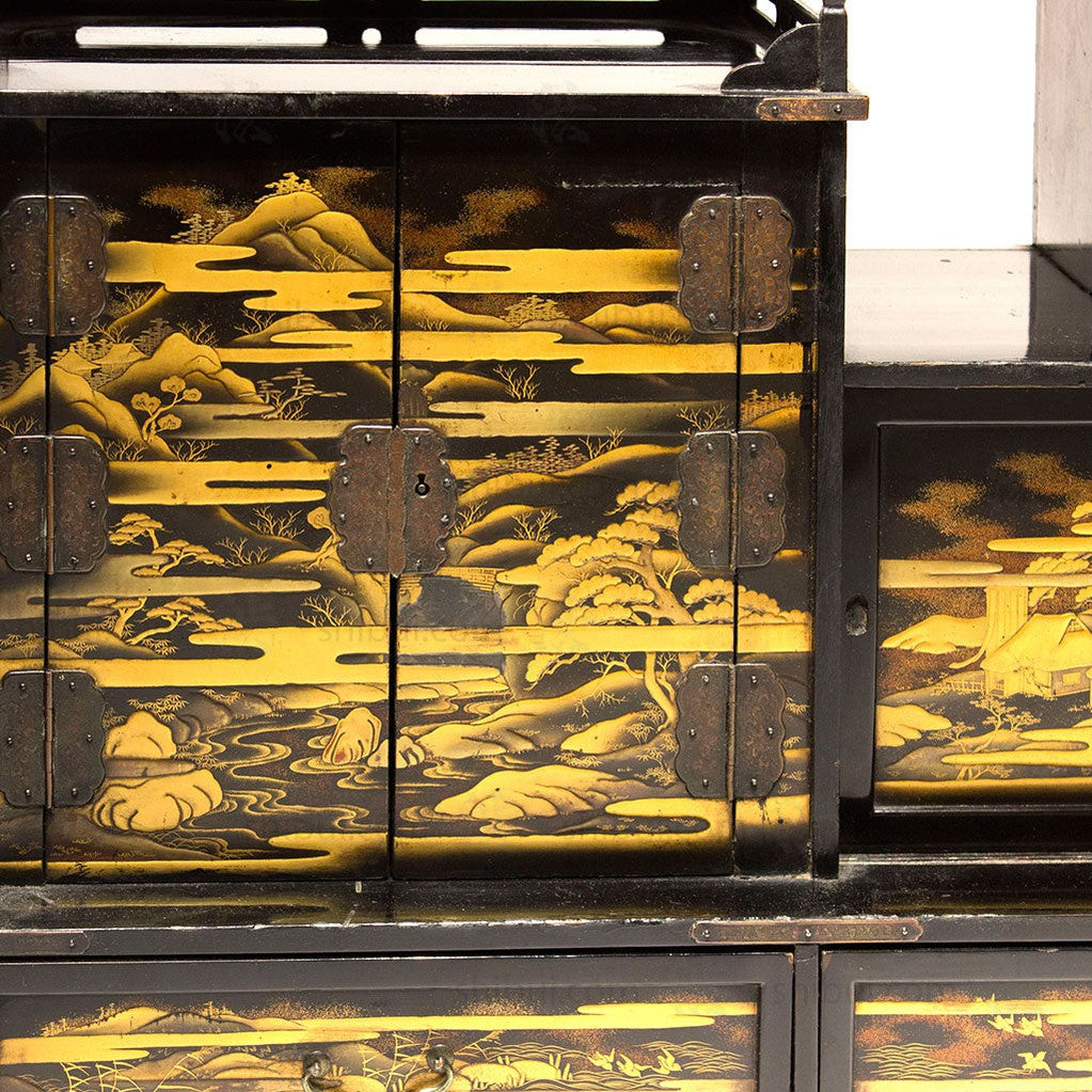 Lacquered Cha Dansu with Maki-e Landscape Japanese Antique Tea Tansu